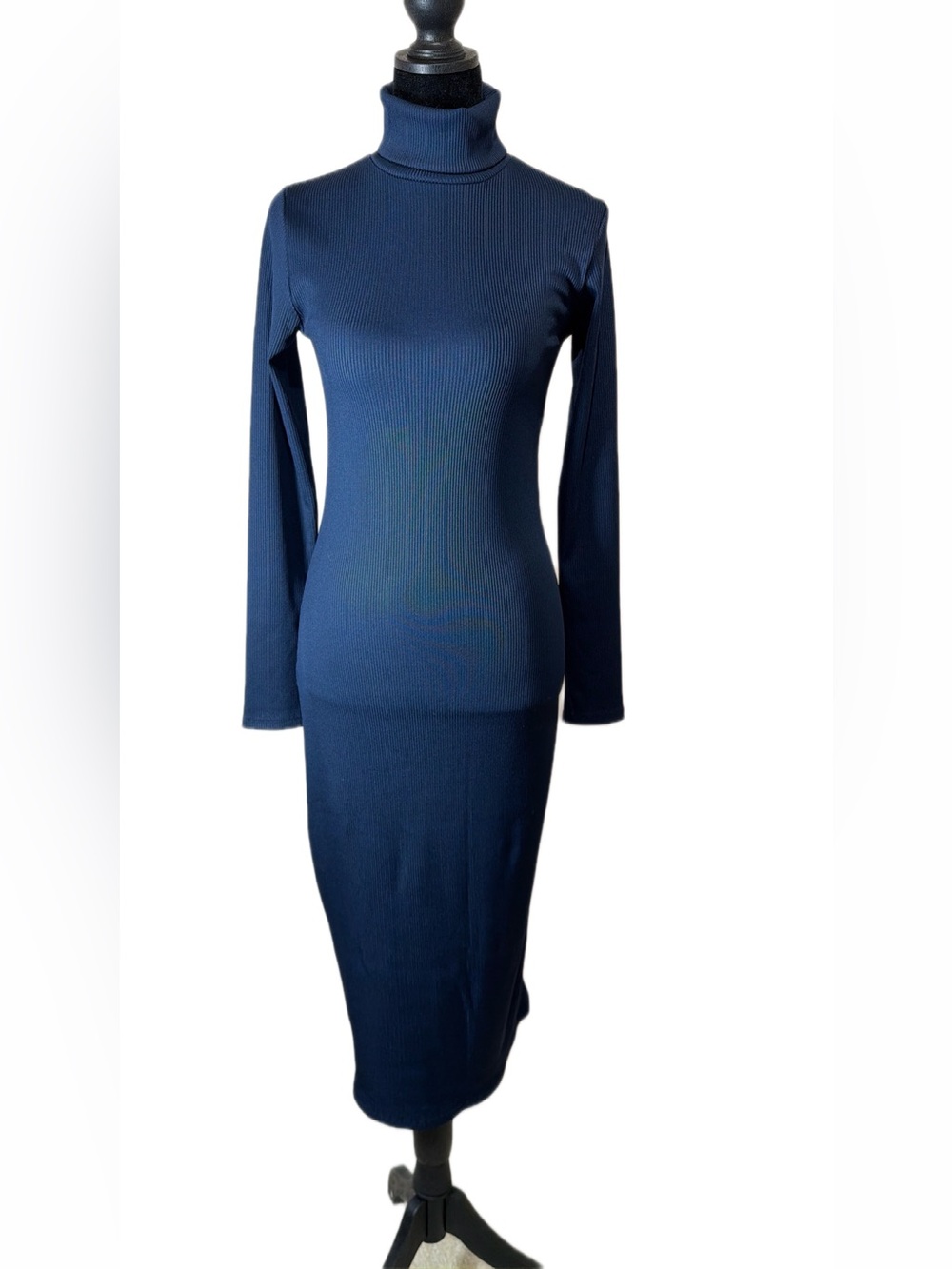 Zara Ribbed Turtleneck Midi Dress Navy Blue Bodycon Long Sleeve Size S